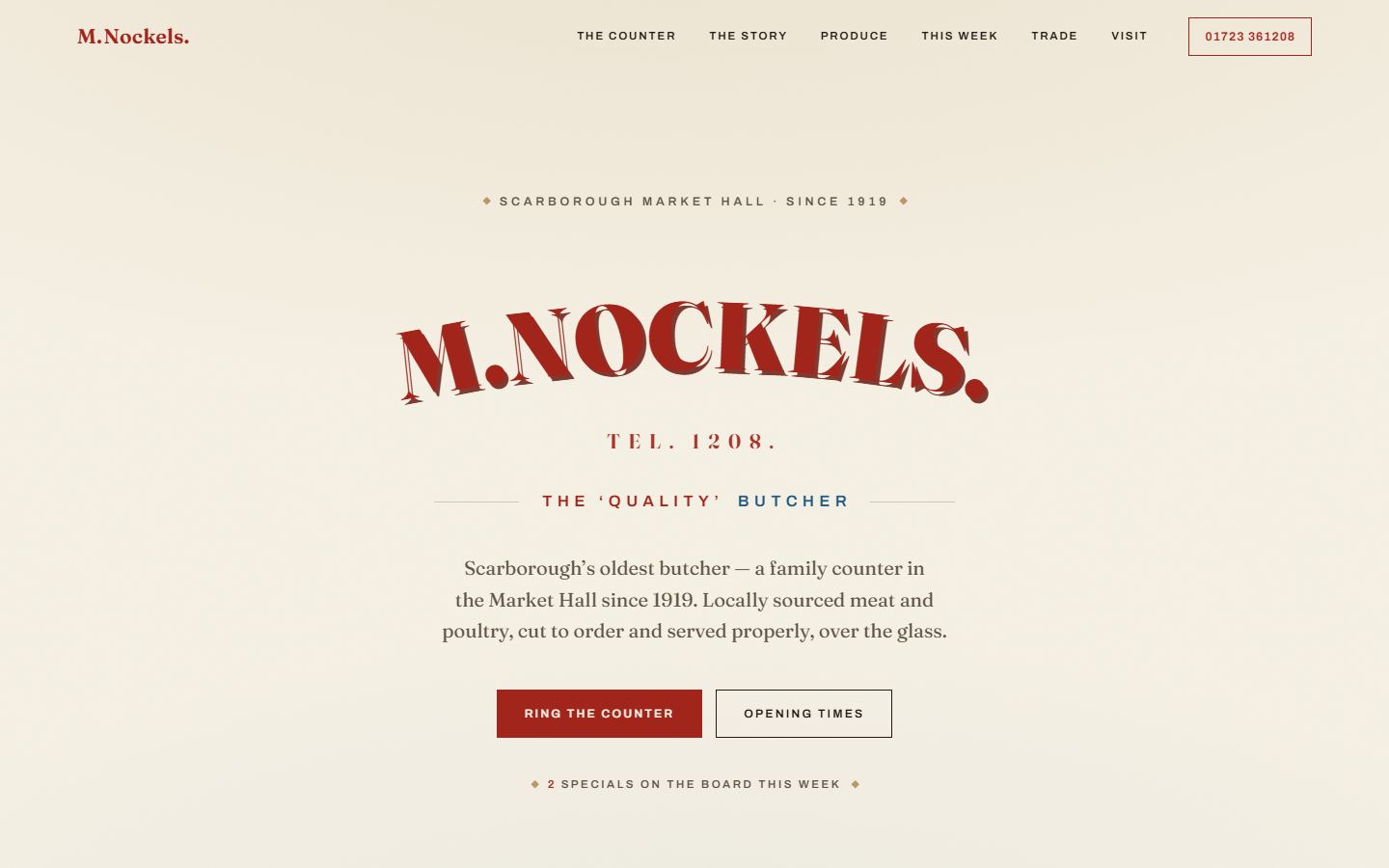 The M. Nockels website on a desktop browser: the painted shop sign reproduced as the page heading, above a short introduction and buttons for ringing the counter and checking opening times.