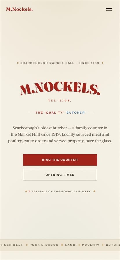 The same M. Nockels website on a phone, with the sign, introduction and buttons stacked into one readable column.
